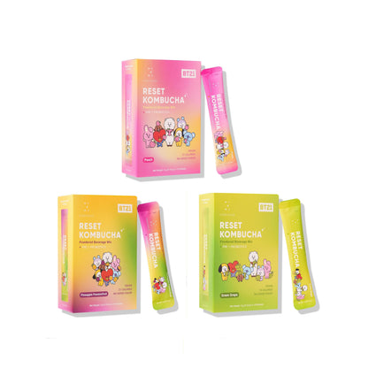 BTS BT21 Everydaze BT21 Reset Kombucha Tea Powdered Beverage Mix | 10 Sticks | Prebiotics + Probiotics | Vegan | No Added Sugar, Gluten Free, Sparkling Powder Drink Pack (Green Grape, Pineapple, Peach)