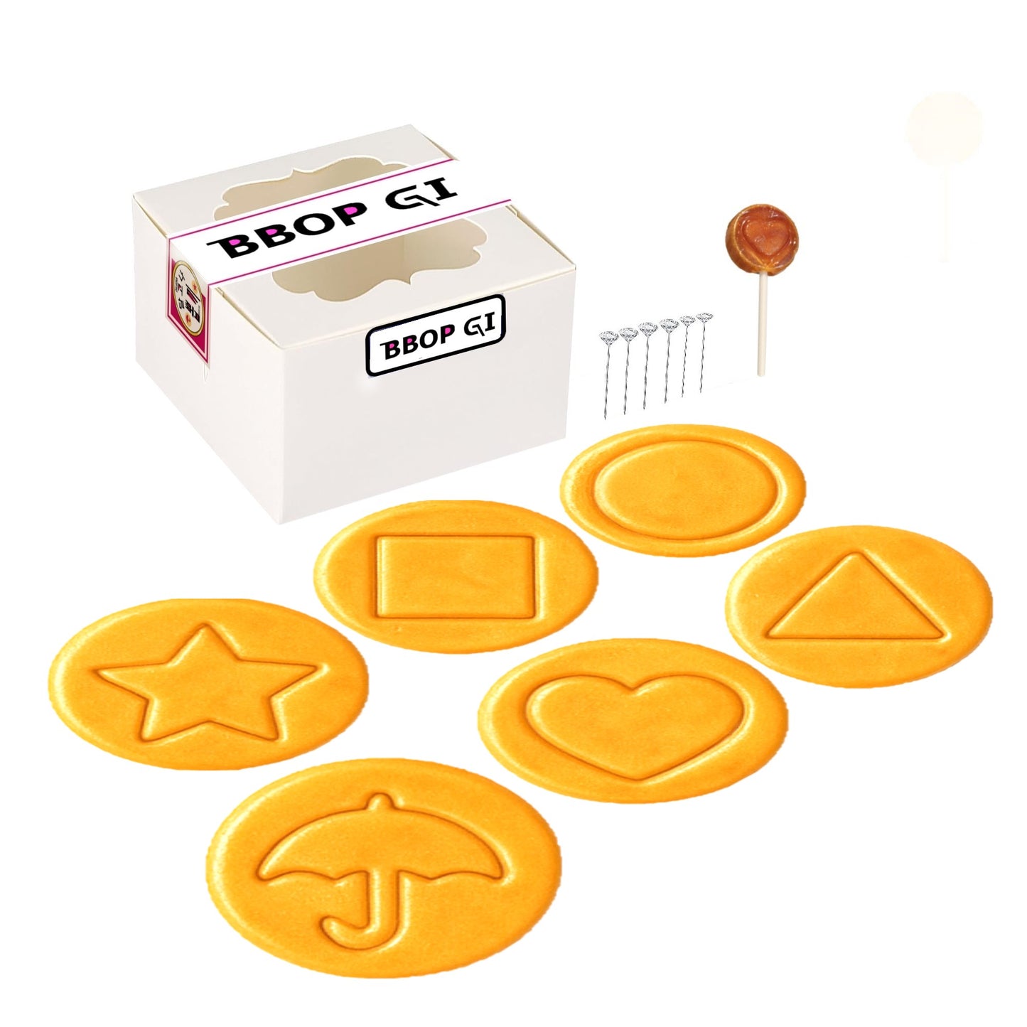 Handmade Premade Real Korean Dalgona Cookie Candy Challenge (Bbop-gi) – Traditional Sugar Cookie with K-Drama S. Game Iconic Fun Symbol (Assorted)
