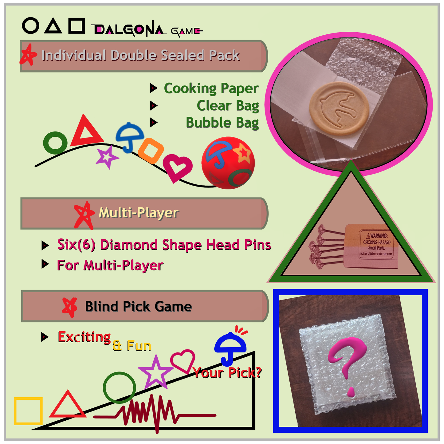 Handmade Premade Real Korean Dalgona Cookie Candy Challenge (Bbop-gi) – Traditional Sugar Cookie with K-Drama S. Game Iconic Fun Symbol (Assorted)