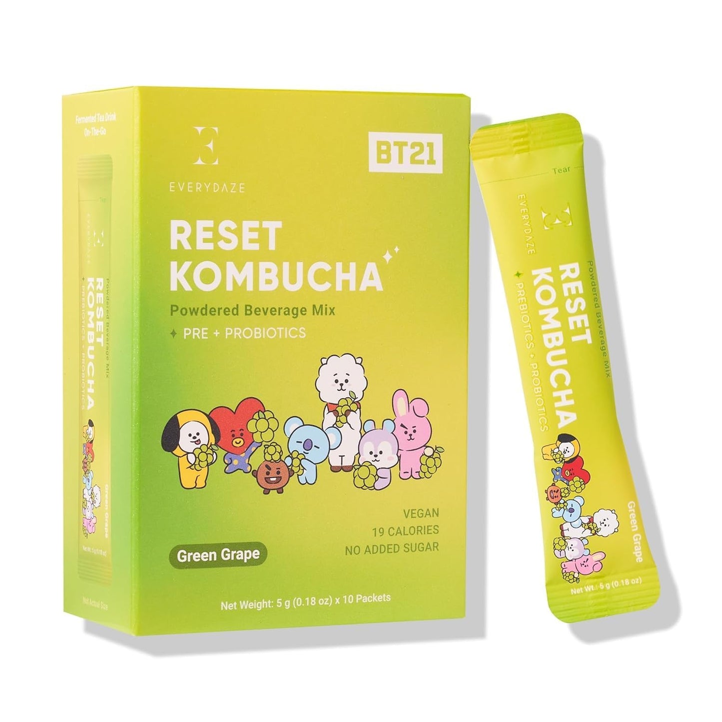 BTS BT21 Everydaze BT21 Reset Kombucha Tea Powdered Beverage Mix | 10 Sticks | Prebiotics + Probiotics | Vegan | No Added Sugar, Gluten Free, Sparkling Powder Drink Pack (Green Grape)