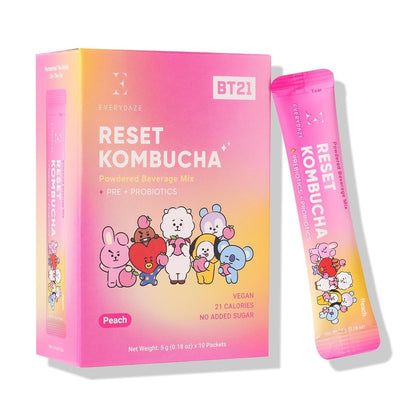 BTS BT21 Everydaze BT21 Reset Kombucha Tea Powdered Beverage Mix | 10 Sticks | Prebiotics + Probiotics | Vegan | No Added Sugar, Gluten Free, Sparkling Powder Drink Pack (Peach)