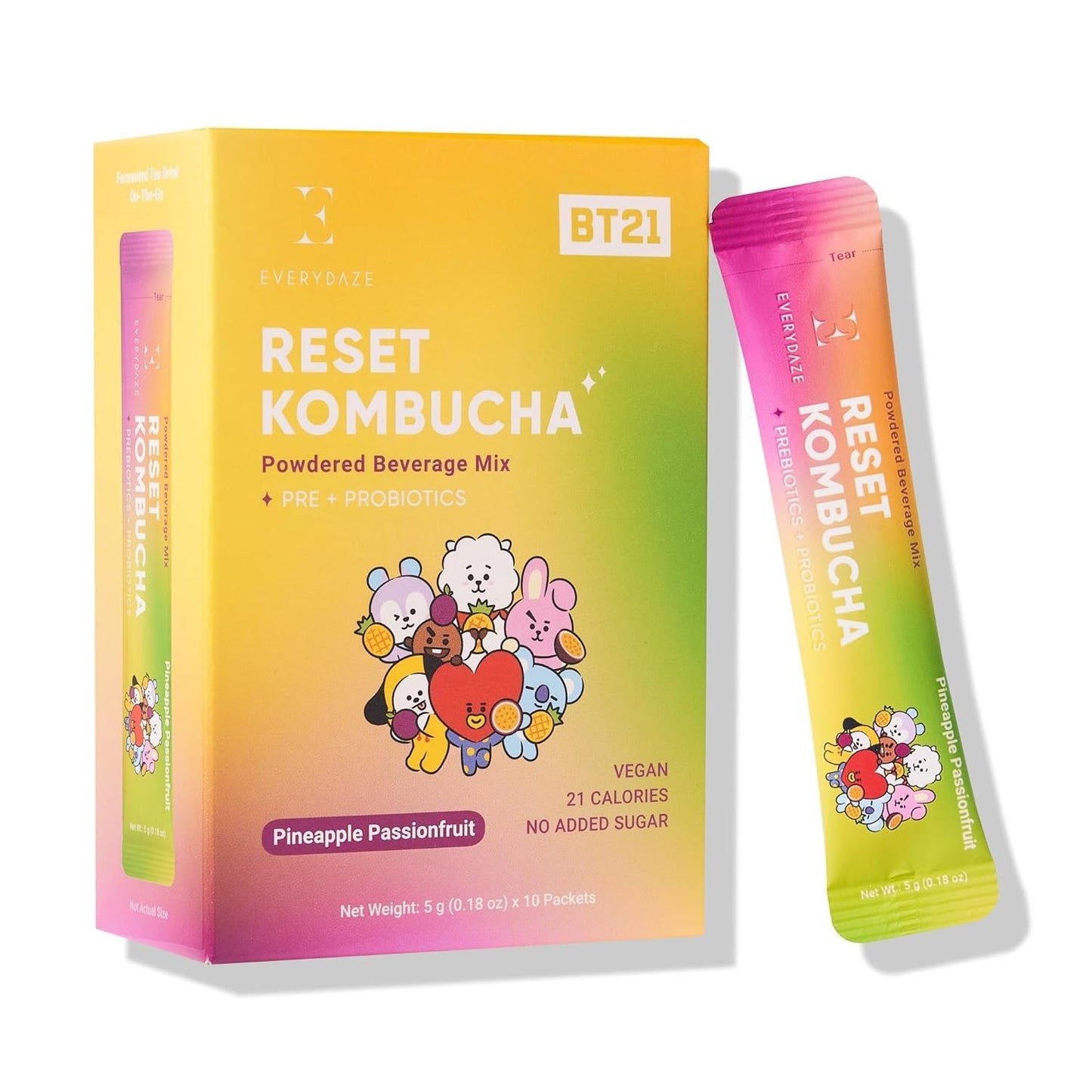 BTS BT21 Everydaze BT21 Reset Kombucha Tea Powdered Beverage Mix | 10 Sticks | Prebiotics + Probiotics | Vegan | No Added Sugar, Gluten Free, Sparkling Powder Drink Pack (Pineapple Passion Fruit)
